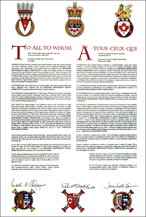 Lettres patentes concédant des emblèmes héraldiques à la Reinhart (Reinhardt) Family Association