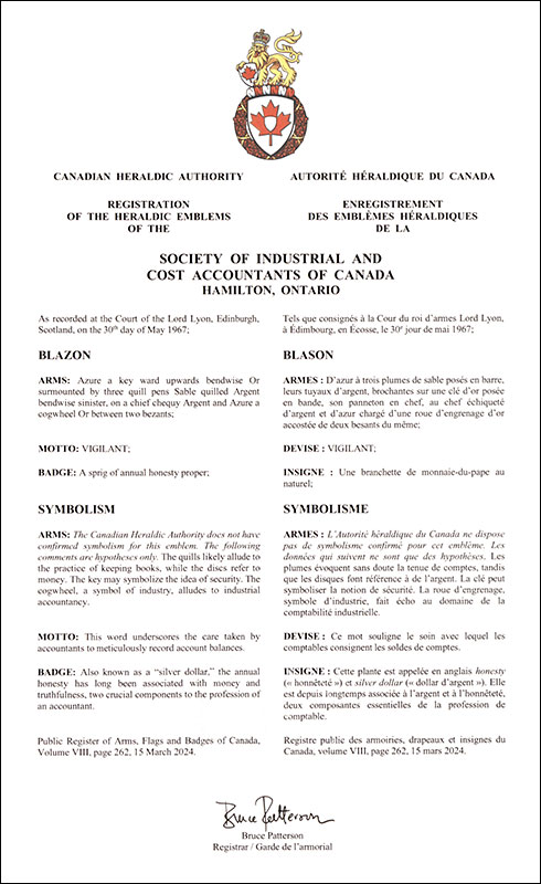 Lettres patentes enregistrant les emblèmes héraldiques de la Society of Industrial and Cost Accountants of Canada