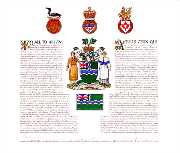 Letters patent granting heraldic emblems to the Town of Gananoque