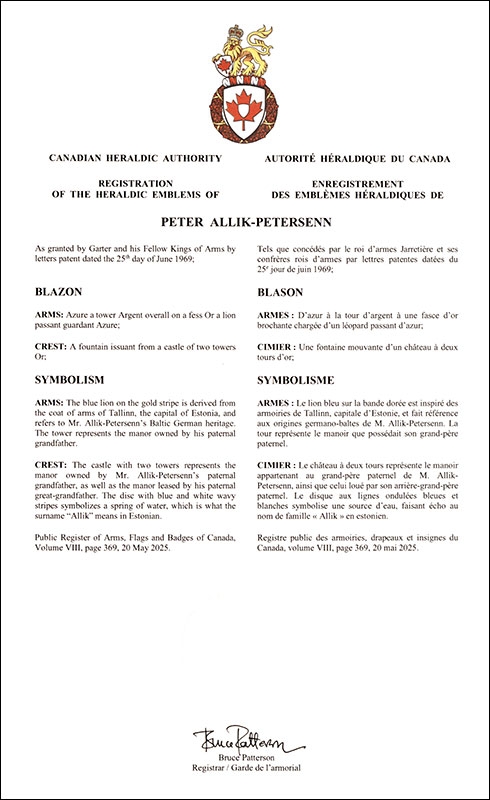 Letters patent registering the heraldic emblems of Peter Allik-Petersenn