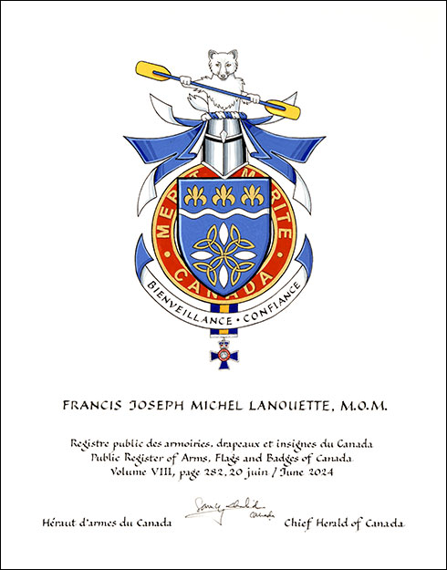 Letters patent granting heraldic emblems to Francis Joseph Michel Lanouette