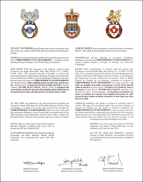 Lettres patentes concédant des emblèmes héraldiques à Christopher Evan Richardson