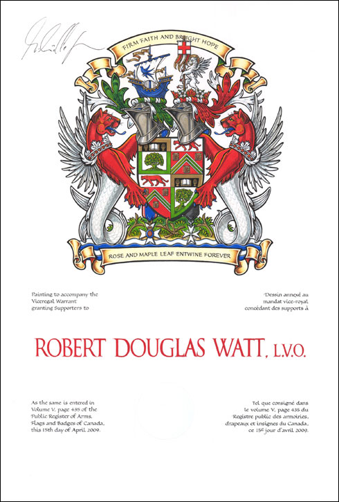 Mandat vice-royal concédant des supports à Robert Douglas Watt