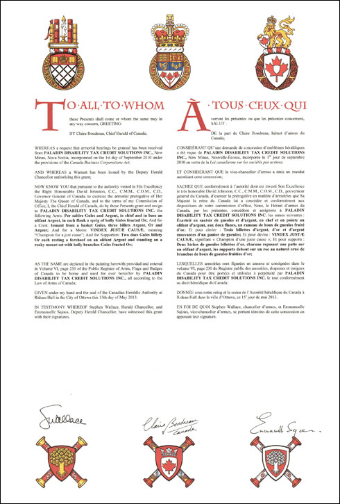 Letters patent granting heraldic emblems to Paladin Disability Tax Credit Solutions Inc.