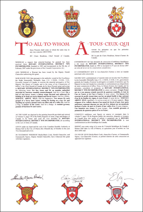 Letters patent granting heraldic emblems to Rotary International District 7070 Incorporated