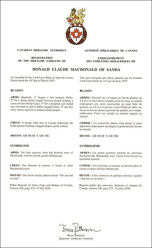 Lettres patentes enregistrant les emblèmes héraldiques de Donald Claude MacDonald of Sanda