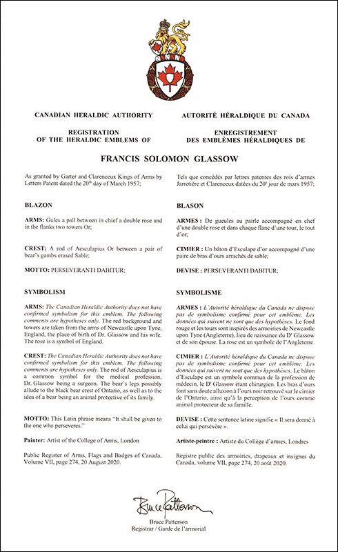 Lettres patentes enregistrant les emblèmes héraldiques de Francis Solomon Glassow