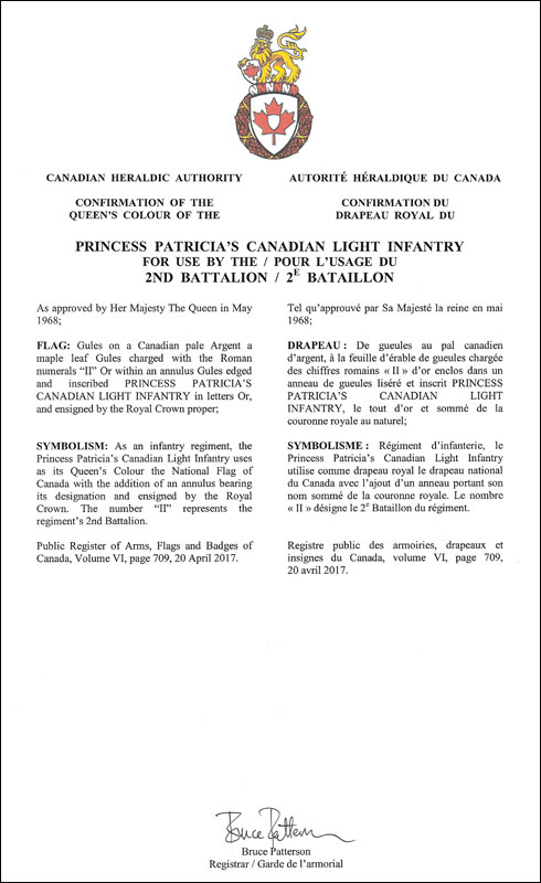 Letters patent confirming a Queen's Colour for use by the 2nd Battalion of the Princess Patricia’s Canadian Light Infantry