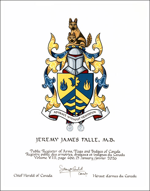 Letters patent granting heraldic emblems to Jeremy James Falle