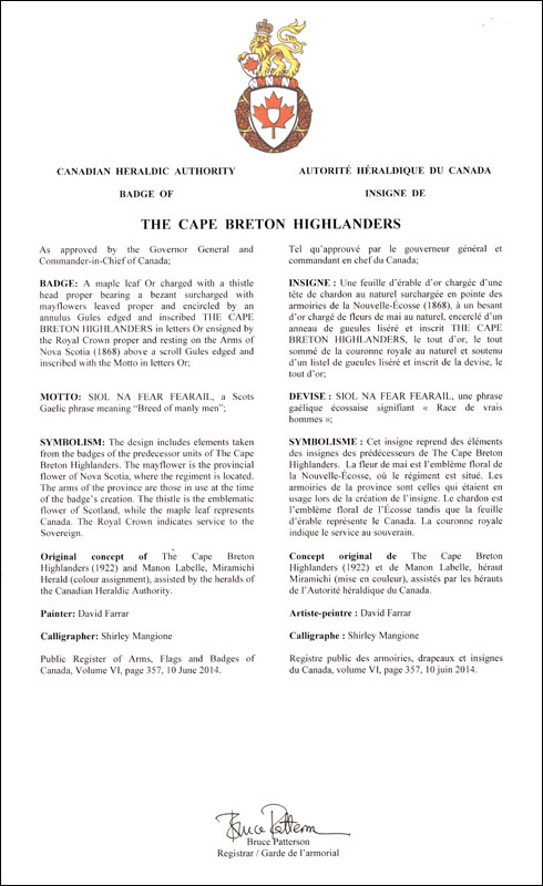 Lettres patentes approuvant l’insigne de The Cape Breton Highlanders