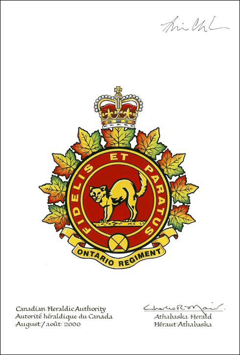 Confirmation of the blazon of the Badge of theThe Ontario Regiment (RCAC)