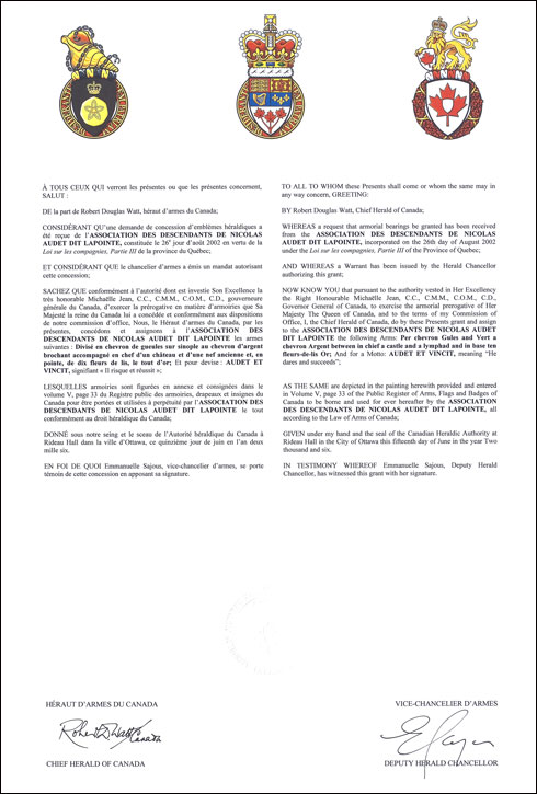 Lettres patentes concédant des emblèmes héraldiques à l'Association des descendants de Nicolas Audet dit Lapointe