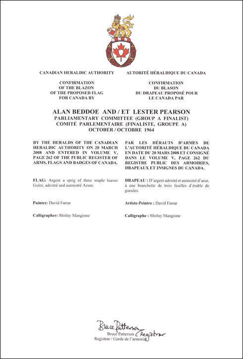 Letters patent confirming the blazon of the Proposed Flag: Alan Beddoe and Lester Pearson, Parliamentary Committee, October 1964