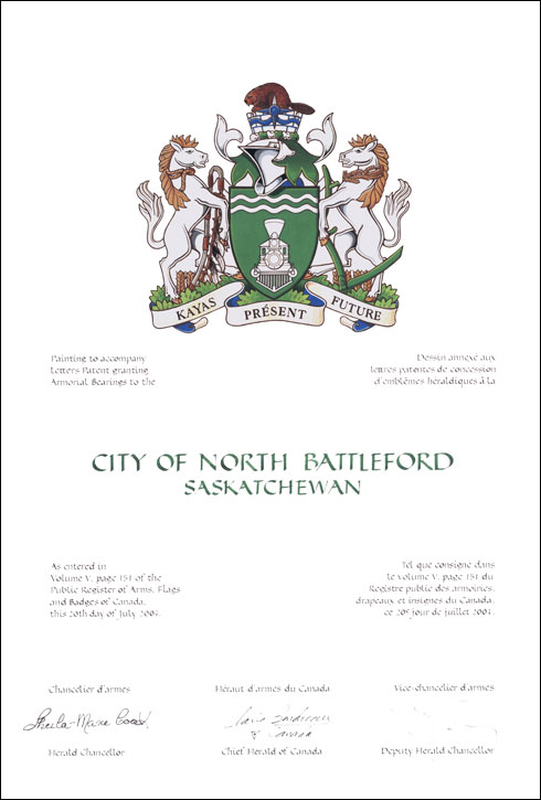 Letters patent granting heraldic emblems to the City of North Battleford