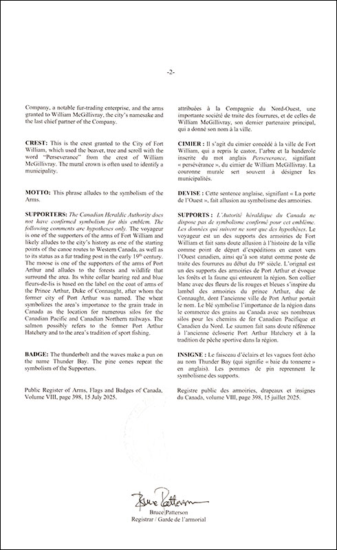 Lettres patentes enregistrant les emblèmes héraldiques de la City of Thunder Bay