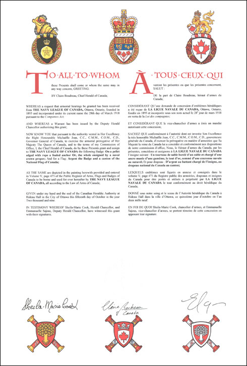 Letters patent granting heraldic emblems to The Navy League of Canada