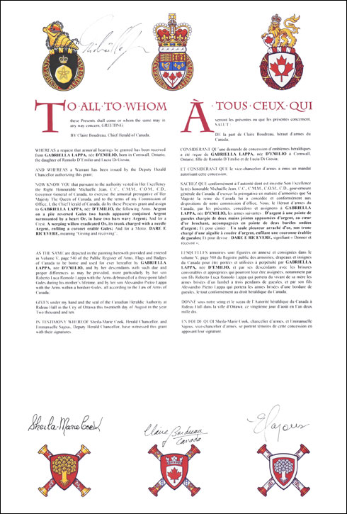 Letters patent granting heraldic emblems to Gabriella Lappa, née d'Emilio