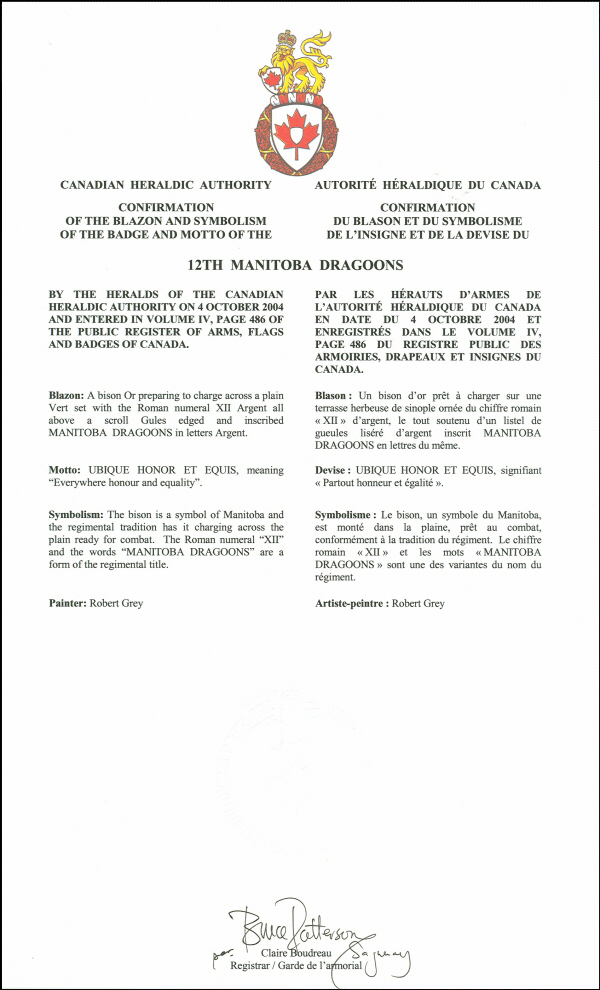 Confirmation of the blazon of the Badge of the 12th Manitoba Dragoons