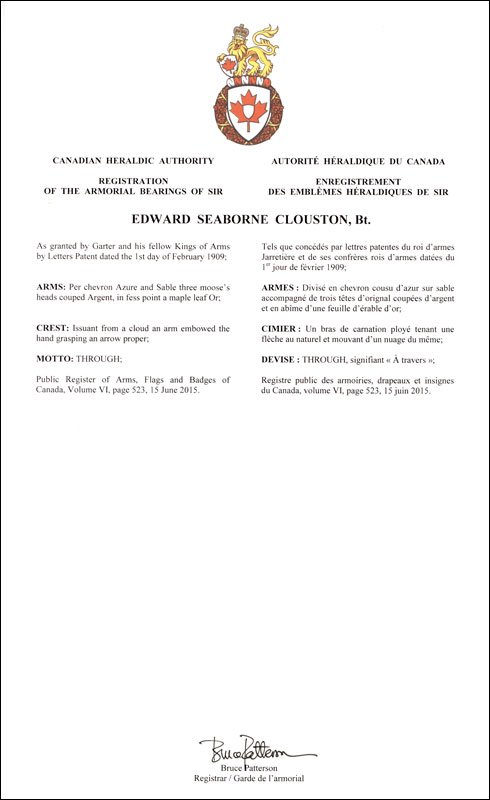 Lettres patentes enregistrant les emblèmes héraldiques d'Edward Seaborne Clouston