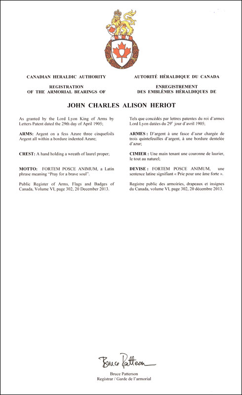 Lettres patentes enregistrant les emblèmes héraldiques de John Charles Alison Heriot
