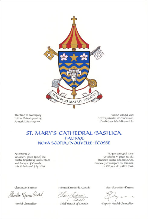 Letters patent granting heraldic emblems to St. Mary's Cathedral Basilica