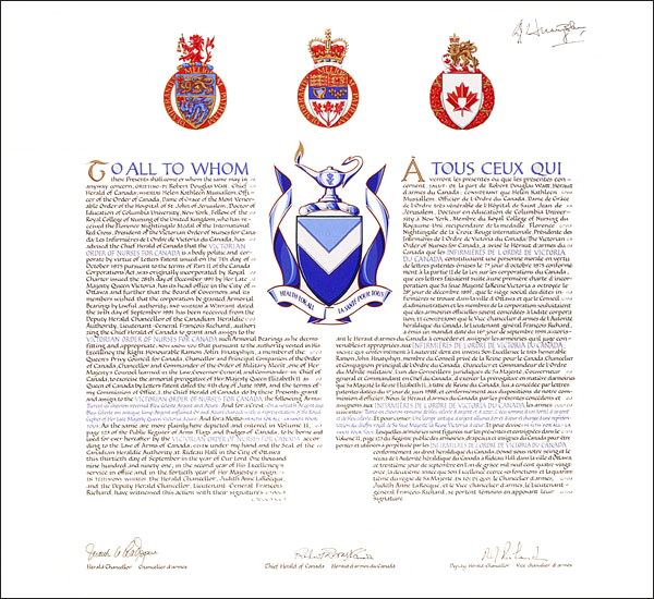 Letters patent granting heraldic emblems to the Victorian Order of Nurses for Canada