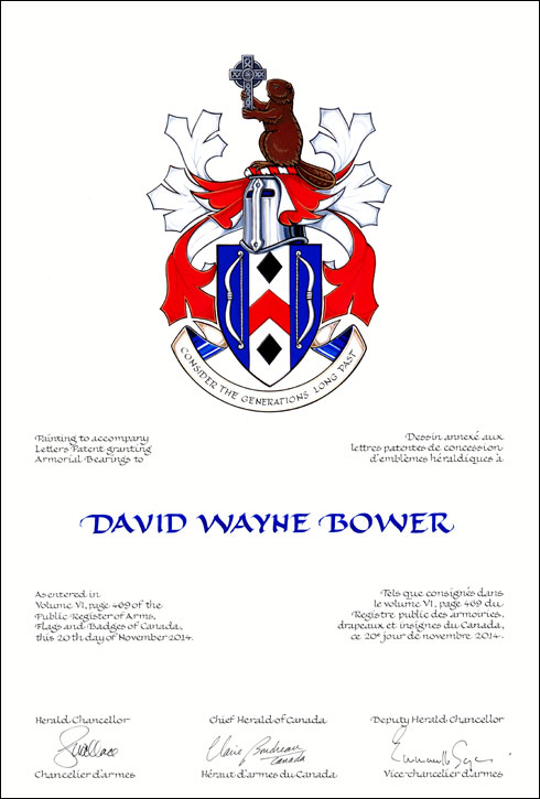 Lettres patentes concédant des emblèmes héraldiques à David Wayne Bower