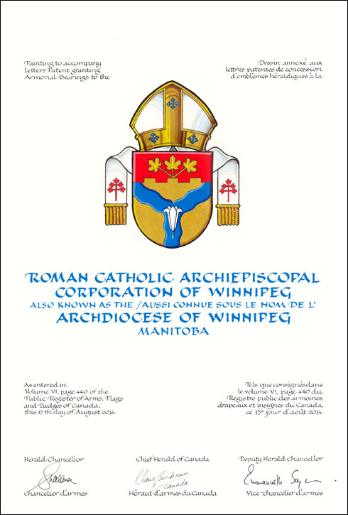 Letters patent granting heraldic emblems to the Roman Catholic Archiepiscopal Corporation of Winnipeg