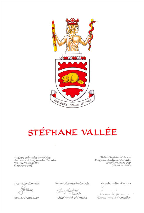 Letters patent granting heraldic emblems to Stéphane Vallée