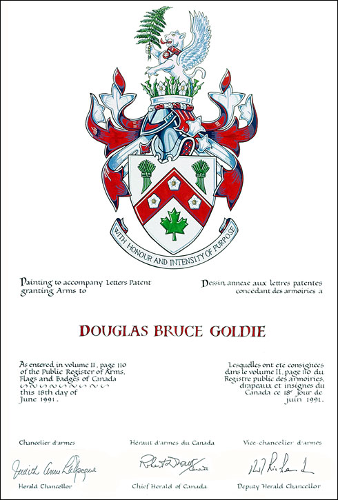 Letters patent granting heraldic emblems to Douglas Bruce Goldie