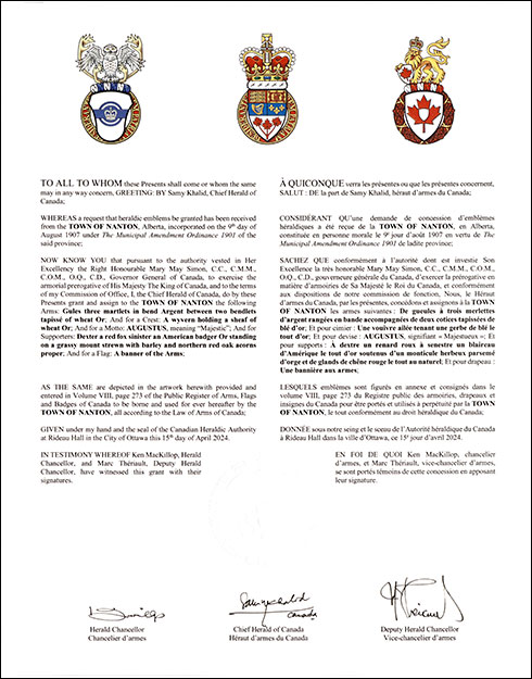 Lettres patentes concédant des emblèmes héraldiques à la Town of Nanton