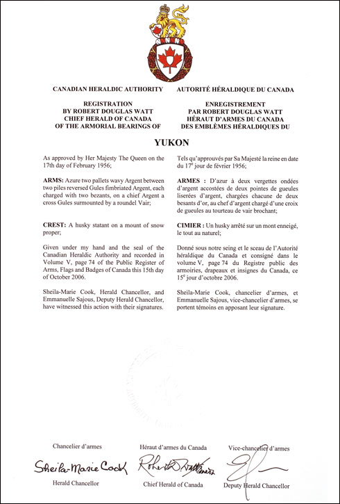 Lettres patentes enregistrant les emblèmes héraldiques du Yukon