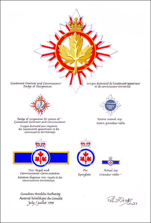 Vice Regal Warrant approving heraldic emblems for the Commemorative Distinctions of the Vice-Regal Office and Territorial Commissioners