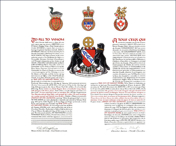 Letters patent granting heraldic emblems of The City of Mount Pearl