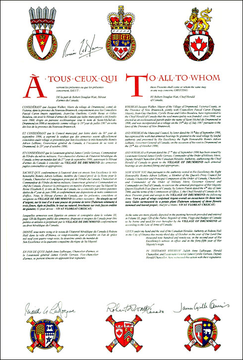 Letters patent granting heraldic emblems to the Village of Drummond