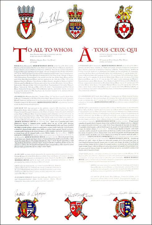 Lettres patentes concédant des emblèmes héraldiques à Arthur Maxwell House