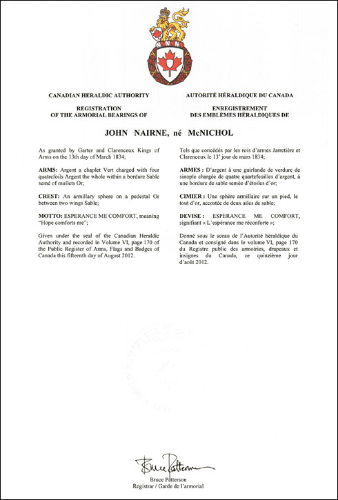 Lettres patentes enregistrant les emblèmes héraldiques de John Nairne (né McNicol)