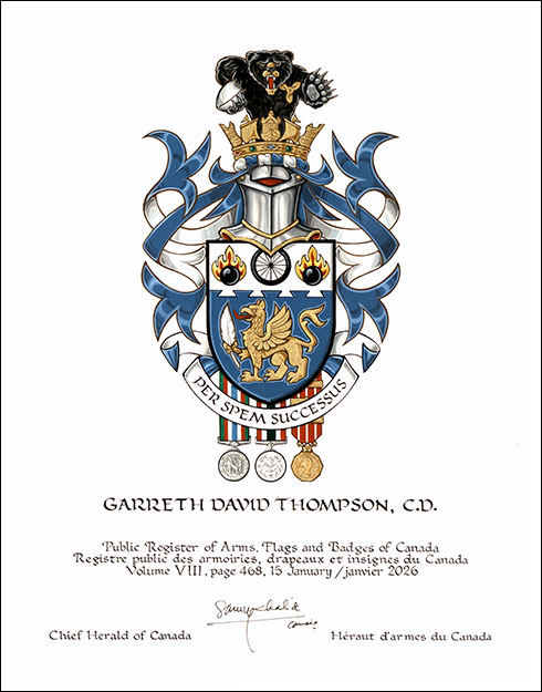 Lettres patentes concédant des emblèmes héraldiques à Garreth David Thompson
