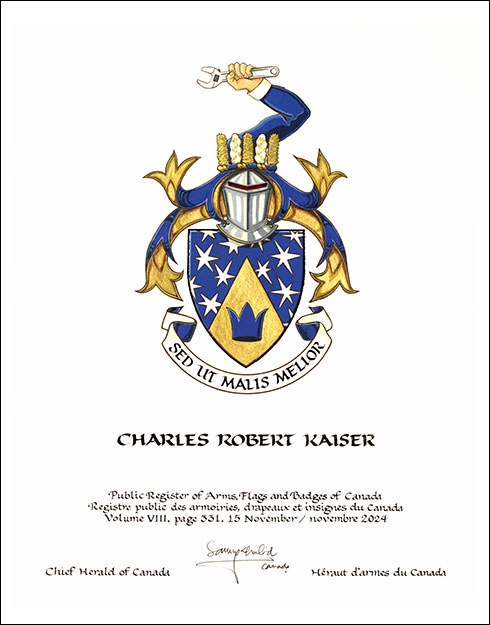 Lettres patentes concédant des emblèmes héraldiques à Charles Robert Kaiser