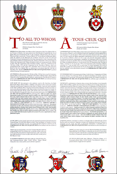 Letters patent granting heraldic emblems to the Corporation of the City of Quinte West