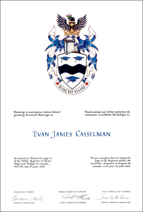 Letters patent granting heraldic emblems to Evan James Casselman