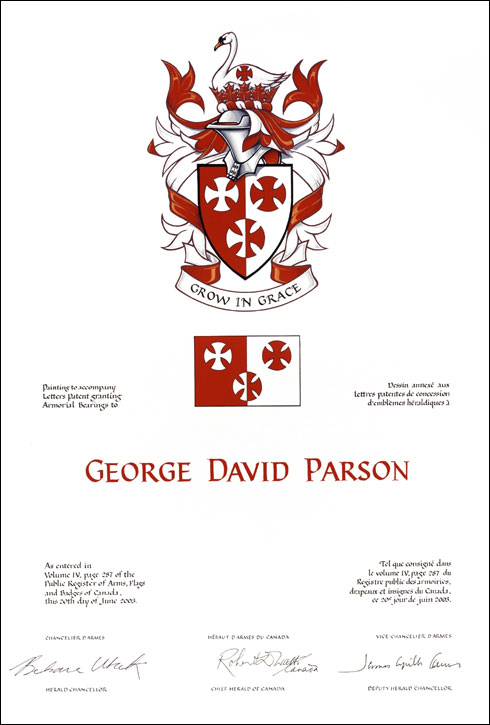 Letters patent granting heraldic emblems to George David Parson