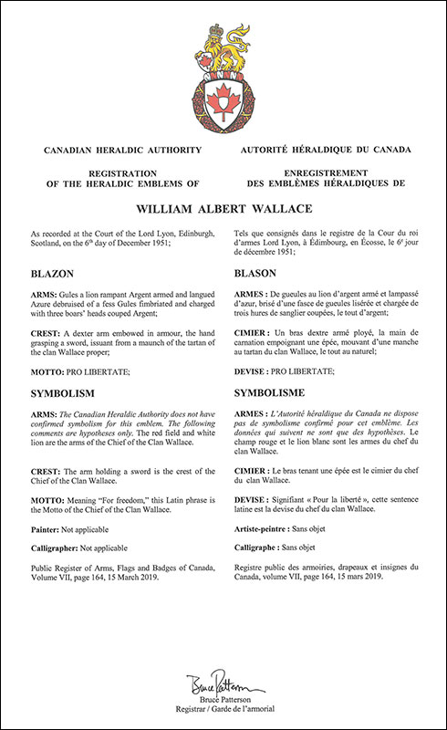 Letters patent registering the heraldic emblems of William Albert Wallace