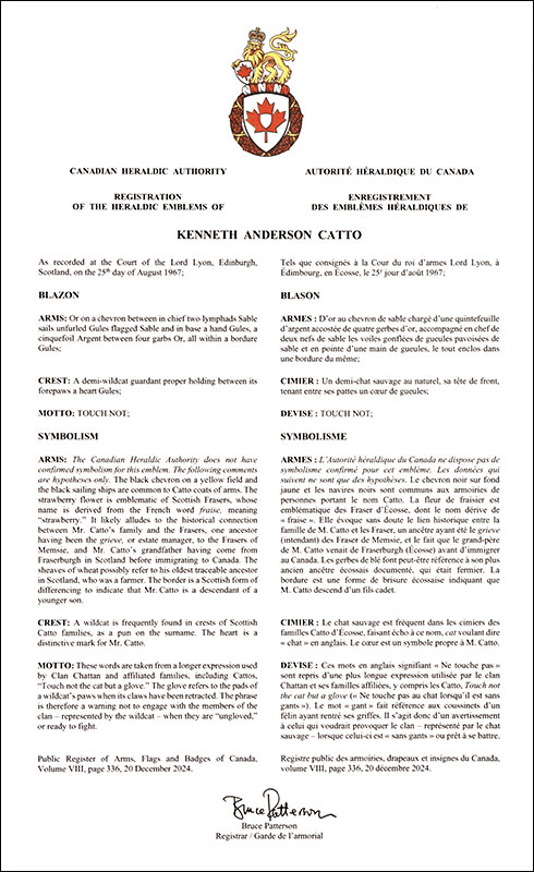 Lettres patentes enregistrant les emblèmes héraldiques de Kenneth Anderson Catto