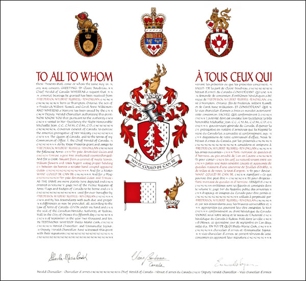 Lettres patentes concédant des emblèmes héraldiques à Frederick Wilbert Russell-Rivoallan