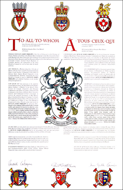 Letters patent granting heraldic emblems to Duncan James Phillips