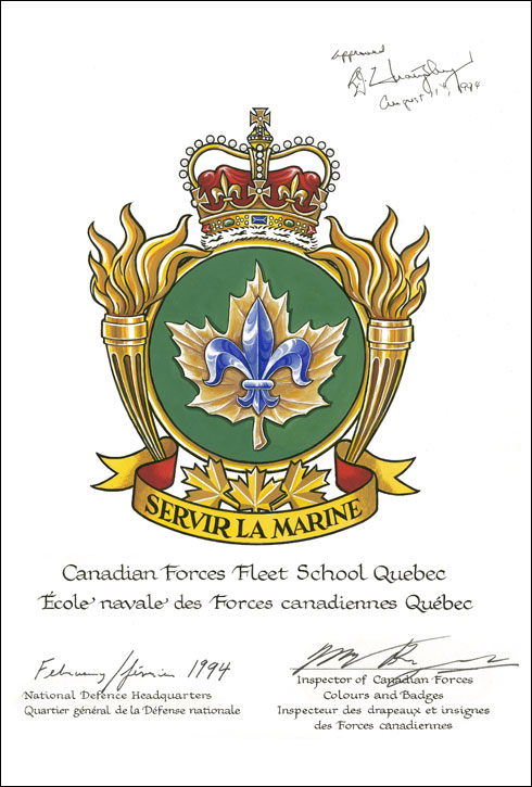 Lettres patentes approuvant l'insigne de l'École navale des Forces canadiennes Québec