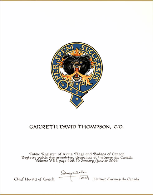 Lettres patentes concédant des emblèmes héraldiques à Garreth David Thompson