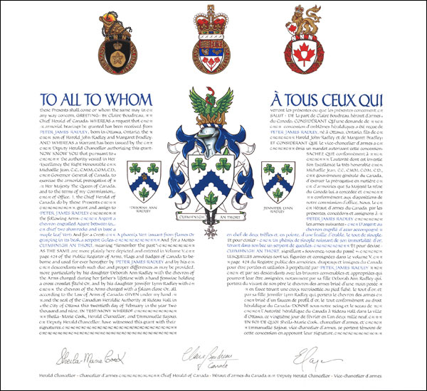 Letters patent granting heraldic emblems to Peter James Radley