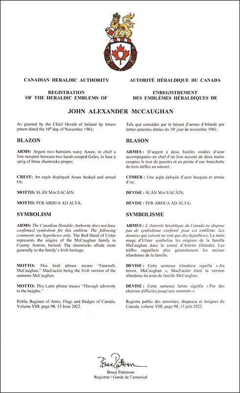 Letters patent registering the heraldic emblems of John Alexander McCaughan